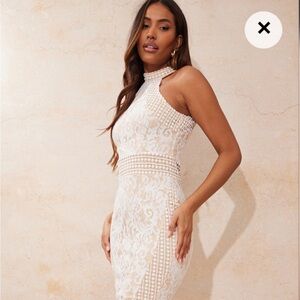 Pretty Little Thing White Lace Crochet High Neck Midi Dress - Size 8